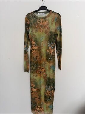 Long Sleeve Green/Olive/Blue Floral Bodycon Dress - Never Worn